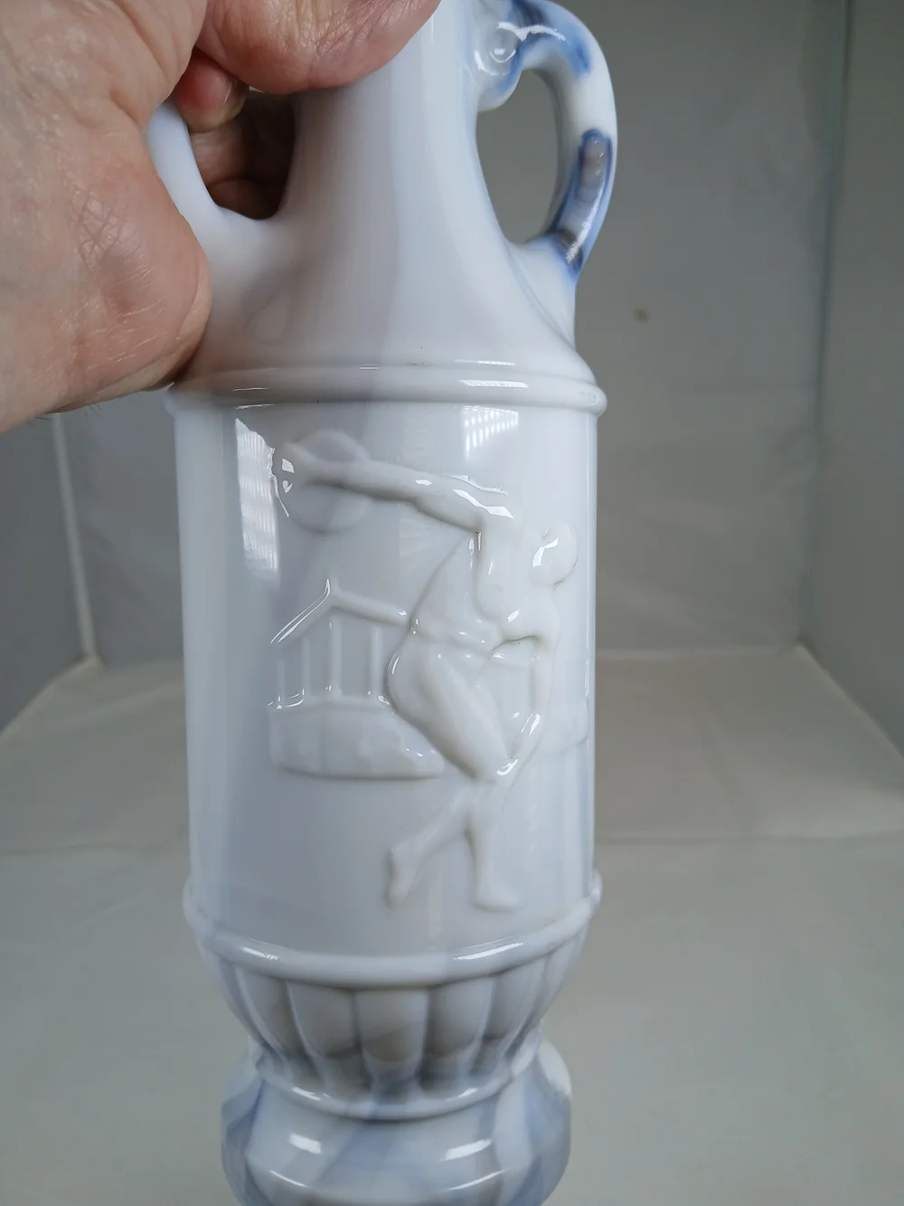 Olympian McGill Canadian Whiskey Milk Glass Liquor Bottle White Gray Marble